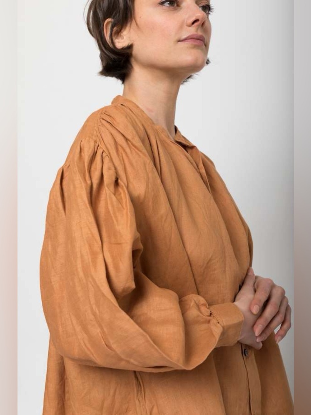 Ichi Antiquites Woven Linen Shirt in Camel Terracotta